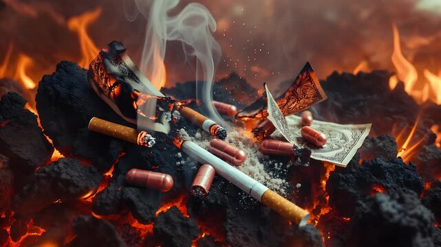 Cigarettes, cigars, pills, and money burning on hot coals, symbolizing addiction, destruction, and the high cost of harmful habits.