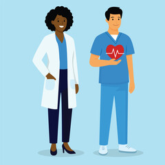 Fototapeta premium Medical professionals, a doctor and nurse, standing together with a heart symbol representing health and care