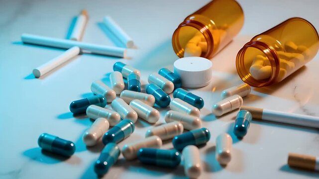 Pills, capsules, and pill bottles scattered on a surface, with some white cylindrical objects, under blue lighting.