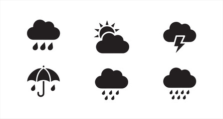 Rainy day weather icons including umbrella storm clouds and partial sun for forecast design © Joynab