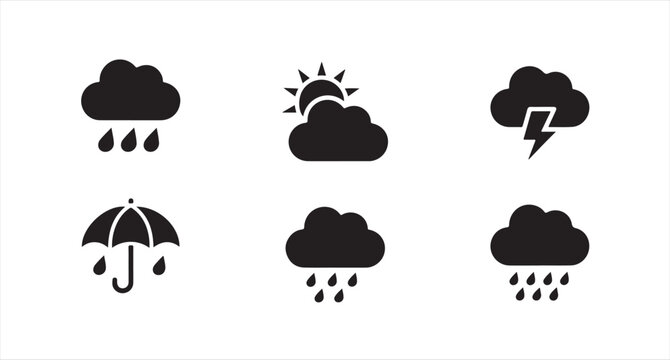 Rainy day weather icons including umbrella storm clouds and partial sun for forecast design