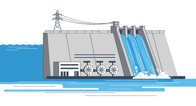A stylized gray hydroelectric dam with flowing blue water and power lines against a white background, representing renewable energy sources and sustainable power generation.