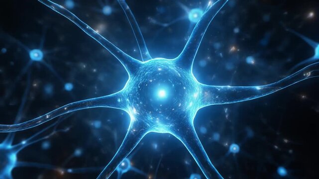 Artistic neuron brain cells on blue glowing cyberspace artificial intelligence network hologram details with binary code numbers background animation.