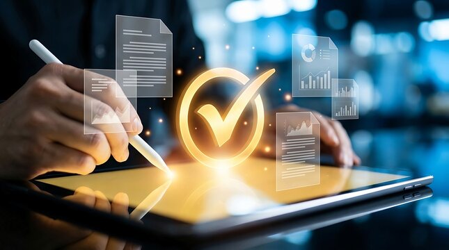 A person using a digital tablet with a glowing checkmark and documents icons floating above the screen in a modern office setting.