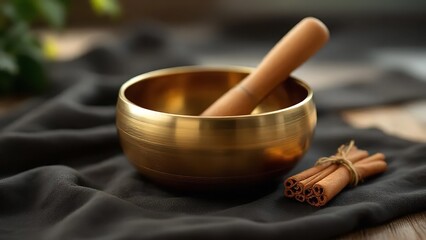 Golden singing bowl with wooden mallet and cinnamon sticks on black cloth meditation and relaxation tools