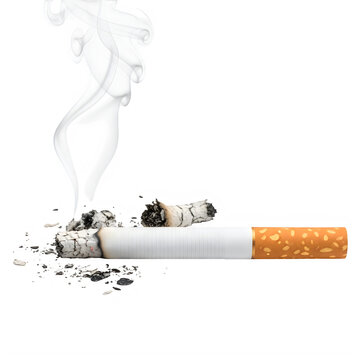 Broken cigarette with smoke and ash on white isolated on transparent background