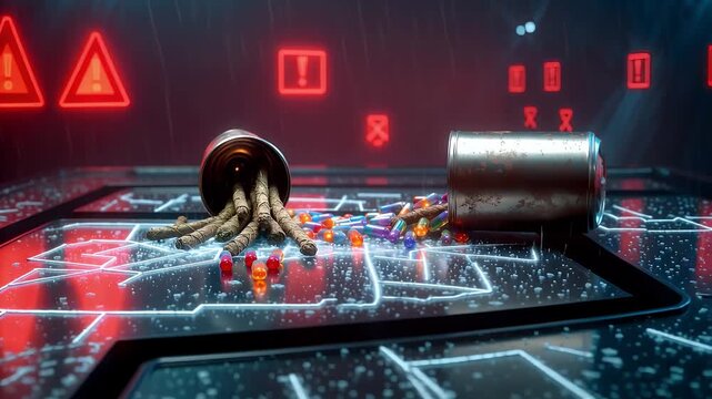 Cyberpunk Drug Danger Concept With Monster Legs Crawling From Pill Capsule