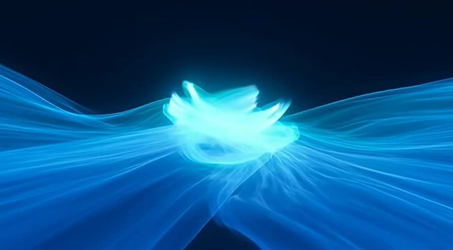 Abstract glowing blue vortex of energy emanating from a watery surface