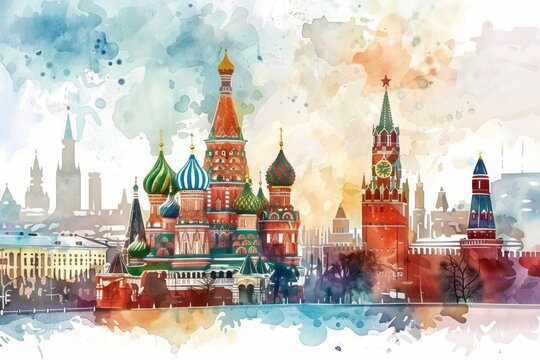 Vivid artistic illustration of Moscow, Russia - Kremlin and The Cathedral of Vasily the Blessed