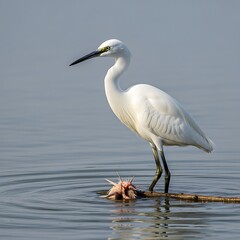Naklejka premium Elegant Little Egret Standing in Water with Lily Pad.