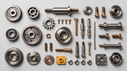 Fototapeta premium Various metal parts laid out on a flat surface for business in metallurgy industry