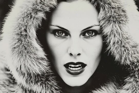 Retrato en blanco y negro de una mujer con una capucha de piel, con una mirada intensa y labios oscuros.