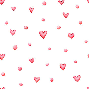 Seamless watercolor heart pattern. Hand painted pink hearts and dots on soft background. Cute romantic design for fabric and stationery. Cozy illustration.