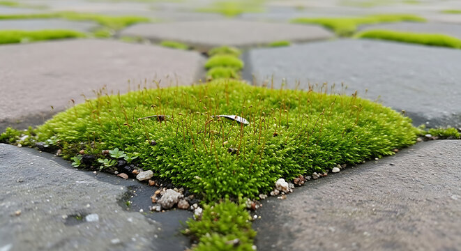Close-up view of vibrant green moss growing between paving stones natures beauty.