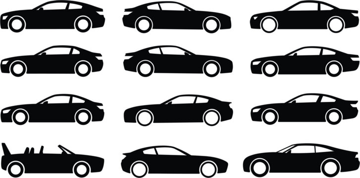 Title: Set of sports car and coupe vector silhouettes featuring various sleek vehicle body styles from side profile views for automotive design.
