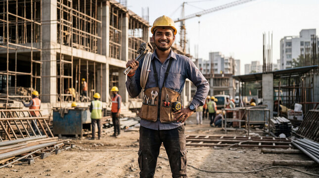 Giovane idraulico di origini indiane sorridente in un cantiere edile in India