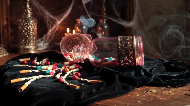 Dark Addiction Concept With Pills And Cigarettes Spilling From Vintage Glass Jar