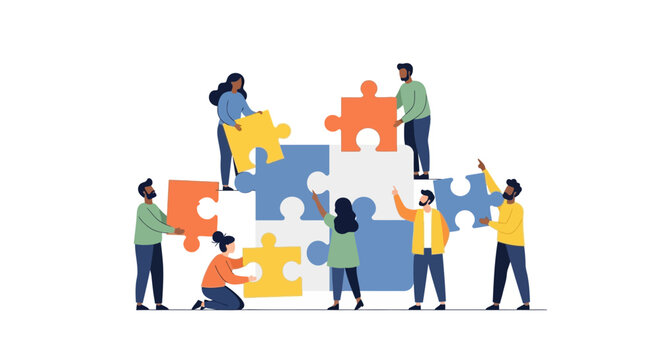 Diverse Team Collaboratively Assembling Puzzle Pieces &ndash; Business Teamwork, Problem Solving & Strategic Partnership Illustration