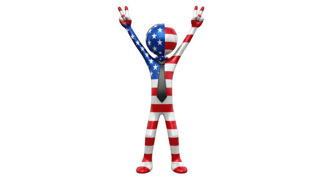 3D man painted in american flag colors with tie, victory poses