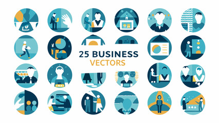 Collection of 25 flat design business vector icons in oval shapes