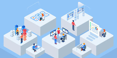 Obraz premium Isometric illustration depicting data analysis and collaborative digital workspace concepts