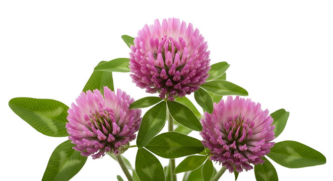 Three Pink Clover Flowers with Green Leaves on red clover trifolium pratense isolated on a transparent