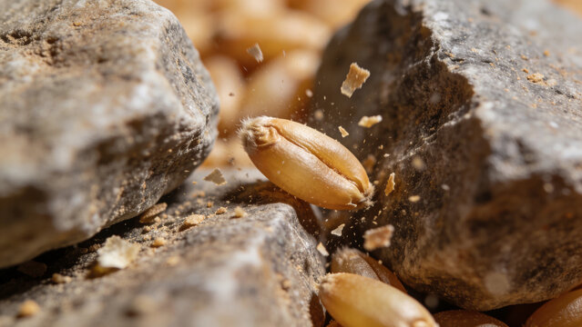 Grain breaking process showing steps from growth to baking bread in agriculture