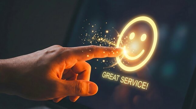 A hand interacting with a glowing smiley face icon representing great customer service