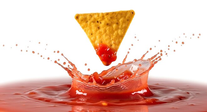 Crispy nacho tortilla chip with red salsa creating a dynamic splash in tomato sauce on white background