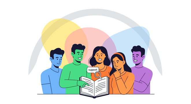 Diverse Team Learning & Collaboration, Searching for Support in a Book &ndash; Knowledge, Help & Customer Service Concept