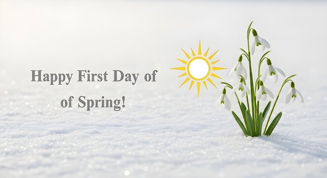 Happy first day of spring with blooming flowers and sunshine