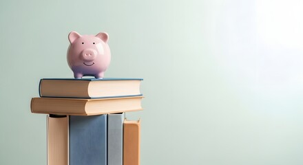 Piggy bank on stack of books with light background