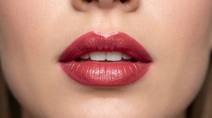 Fototapeta premium Beautiful woman's lips with shiny red lipstick close up perfect for cosmetology and makeup concepts healthy skin and glossy lips