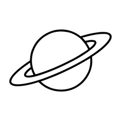 Minimalist black and white line art illustration of the planet Saturn with its rings, suitable for coloring, icons, or educational materials. © Lili