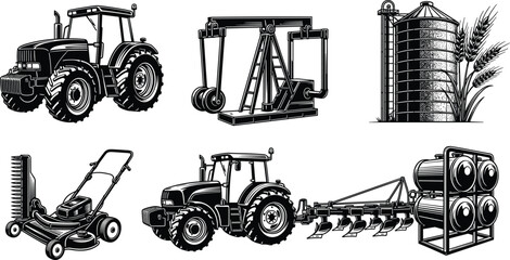 Agricultural machinery and farm equipment vector set, tractor plow mower grain silo and industrial pump jack illustration collection © It's Majed Here