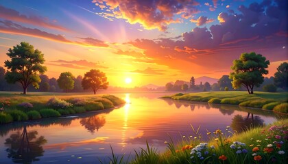 Obraz premium Colorful sunrise over a tranquil river