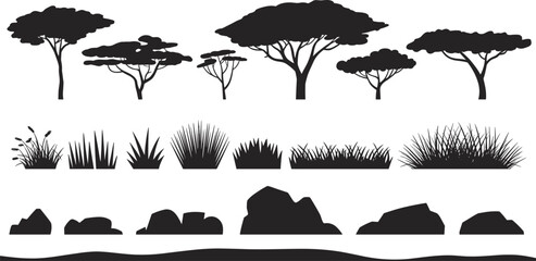 Silhouettes of trees, grass, and rocks on a white background nature © Icons World