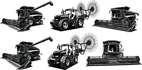 Agricultural machinery vector set, combine harvesters and tractor farm equipment collection, modern agriculture vehicles illustration isolated on background © It's Majed Here