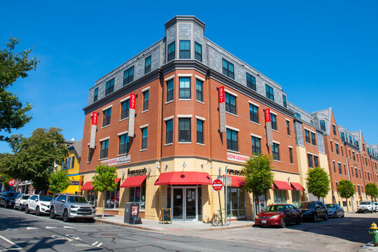 Modern building at 257 Thayer Street at Euclid Avenue in College Hill in city of Providence, Rhode Island RI, USA. 