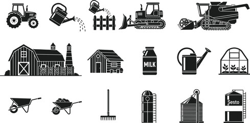 Agriculture farm equipment vector icon set, tractor barn silo greenhouse milk can watering tools and rural farming machinery illustration collection © It's Majed Here