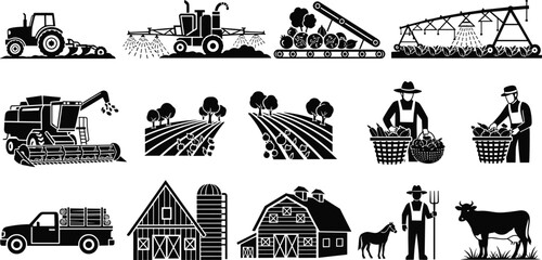 WebAgriculture farming icons vector set, tractor irrigation harvesting crops barn farmer livestock and rural countryside farm elements illustration collection © It's Majed Here