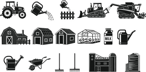 Agriculture farming icons vector set, tractor barn greenhouse tools milk and farm equipment collection, rural farming symbols illustration © It's Majed Here