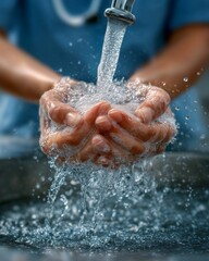 Fototapeta premium World hygiene campaign with healthcare worker washing hands under running water, world health day hygiene and prevention medical hand washing awareness image, healthcare hygiene world health day 