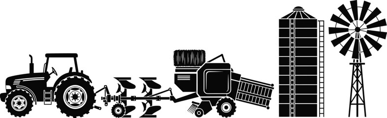 Agriculture farming machinery vector illustration, tractor plow hay baler grain silo windmill and rural farm equipment for modern agricultural production © It's Majed Here