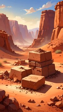 Desert canyon scene with large, weathered stone structures