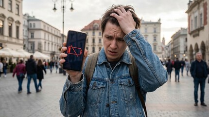 Fototapeta premium Worried young man showing smartphone with low battery red icon on city street