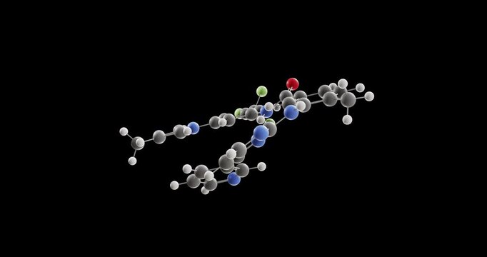 Nilotinib molecule, rotating 3D model of tyrosine kinase inhibitor, looped video on a black background
