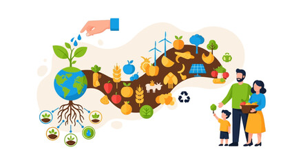 Naklejka premium Global Sustainability: Family, Food Security, and Renewable Energy for a Healthy Planet