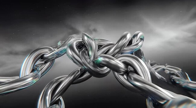 Close-up of interconnected metallic chain links with a dramatic, smoky, and atmospheric background, symbolizing strength and connection