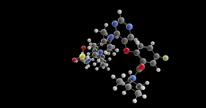 Revumenib molecule, rotating 3D model of antineoplastic agent, looped video on a black background

